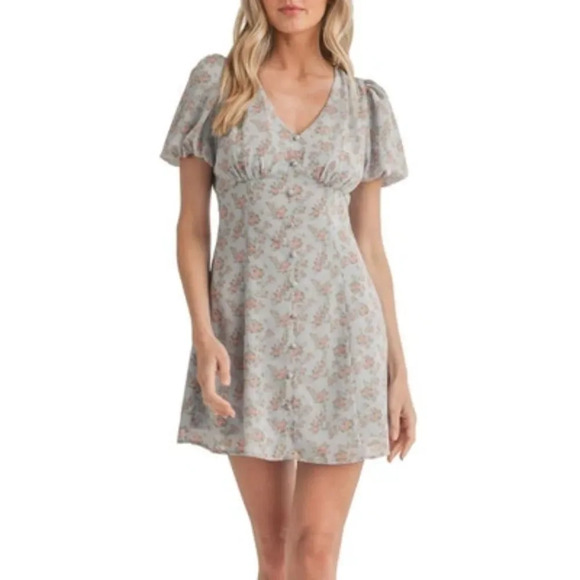 NEW Lush Ditsy Floral Puff Sleeve Minidress - Picture 1 of 8